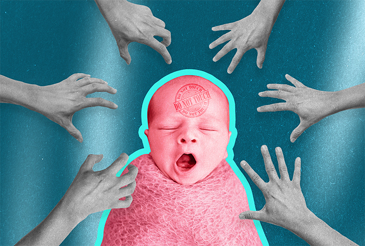A pink newborn baby yawns as six grey hands reach to touch it despite a do not touch stamp on its head 