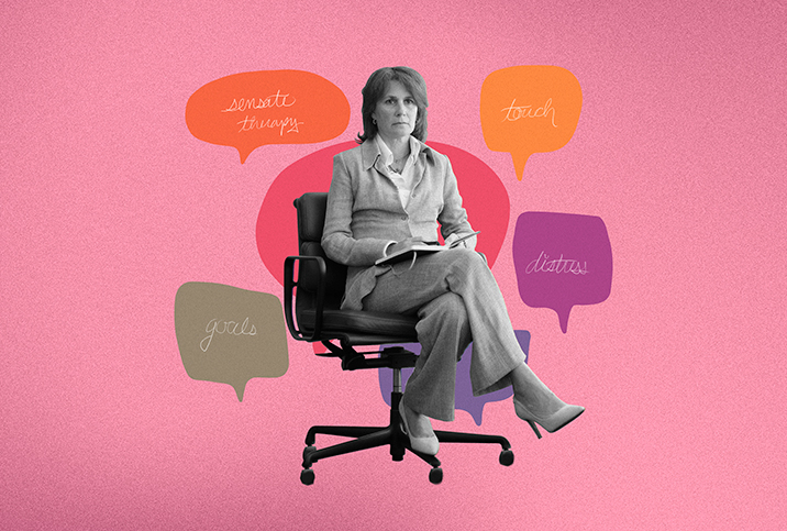 A sex therapist sits in a chair surrounded by different chat bubbles in a variety of colors.