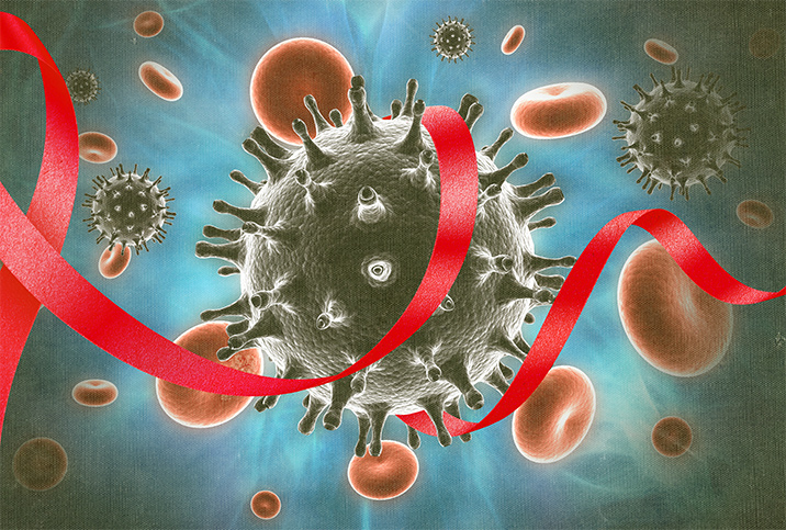 A red ribbon loosely wraps around a spikey virus that floats among red blood cells.