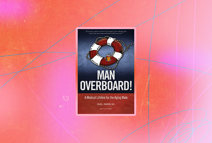 The cover for the book Man Overboard is against a pink and orange background.