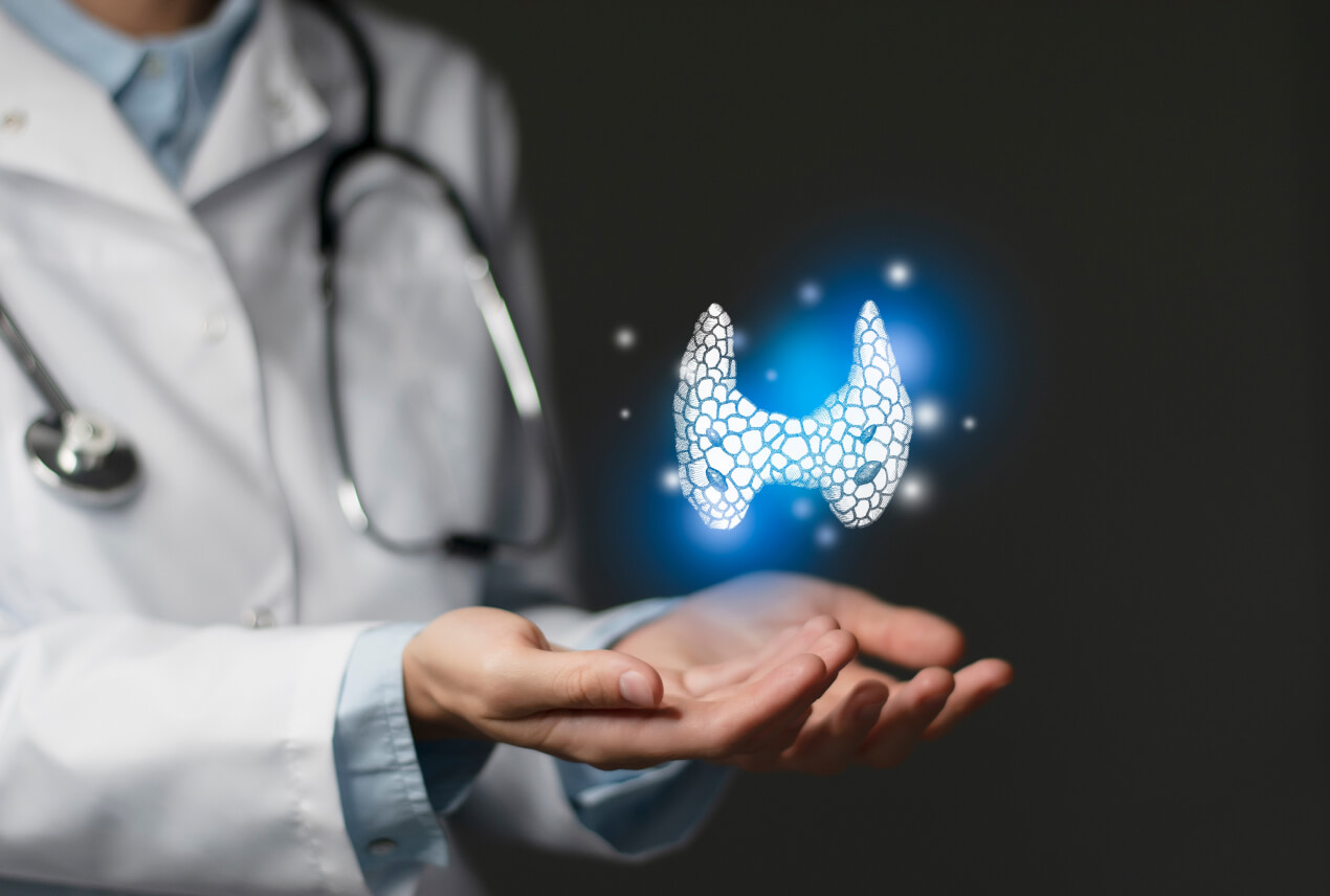 A doctor holds a white diagram of a thyroid glowing blue that is flowing above her open palms.