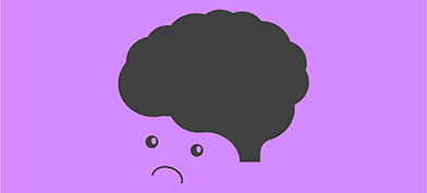 On a purple background, a black brain outline has a frowny face underneath.