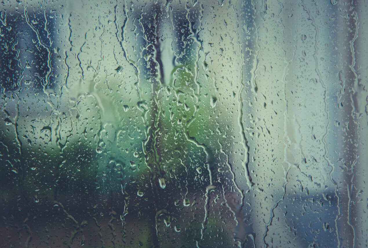 The viewer looks from the inside of a rain-covered window towards the outside. 