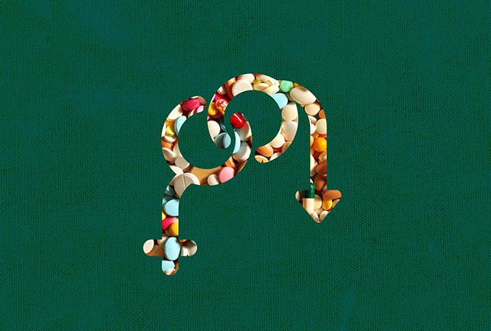 Male and female glyphs made of pills link together and curve downward against a green background.