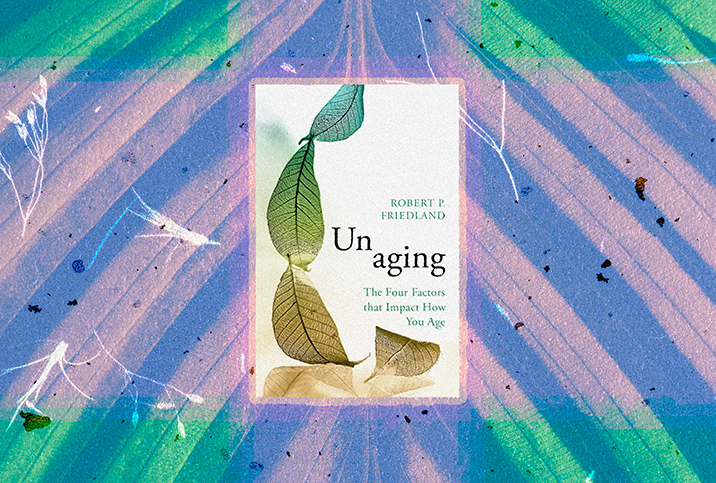 The cover of Unaging is layered on a green and blue close-up of a leaf.