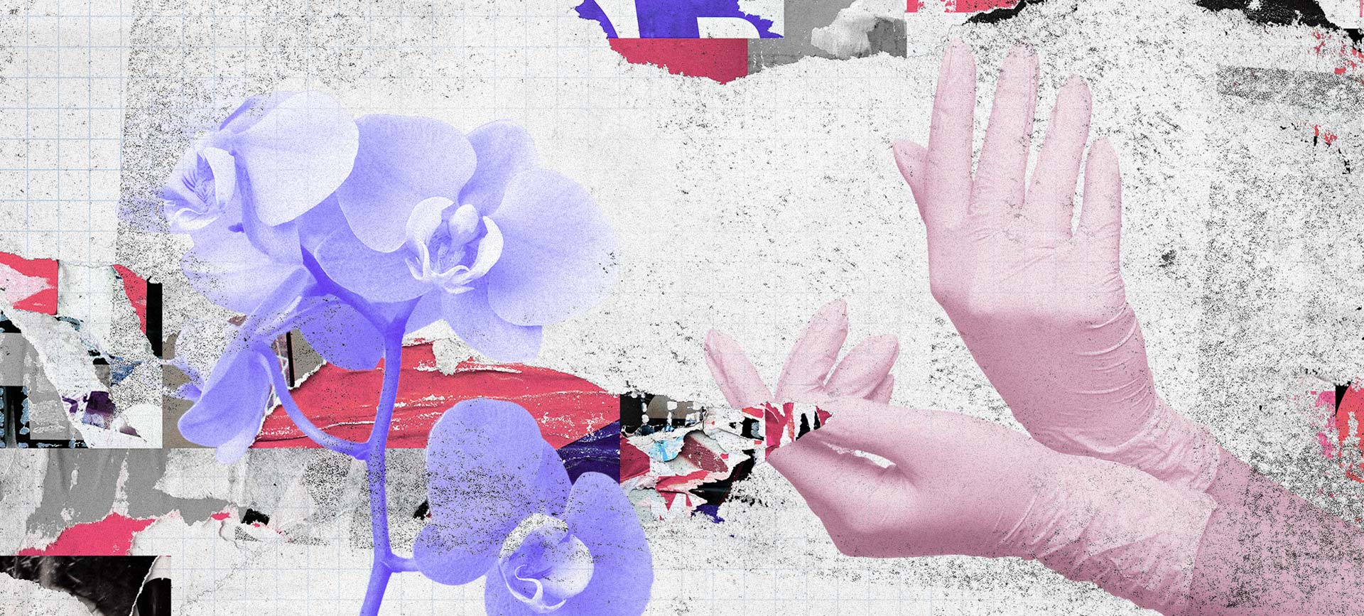 A pair of hands in pink gloves and a purple flower layer over graph paper and torn pages in a collage.