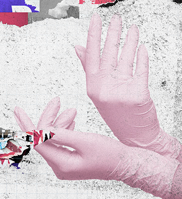 A pair of hands in pink gloves and a purple flower layer over graph paper and torn pages in a collage.