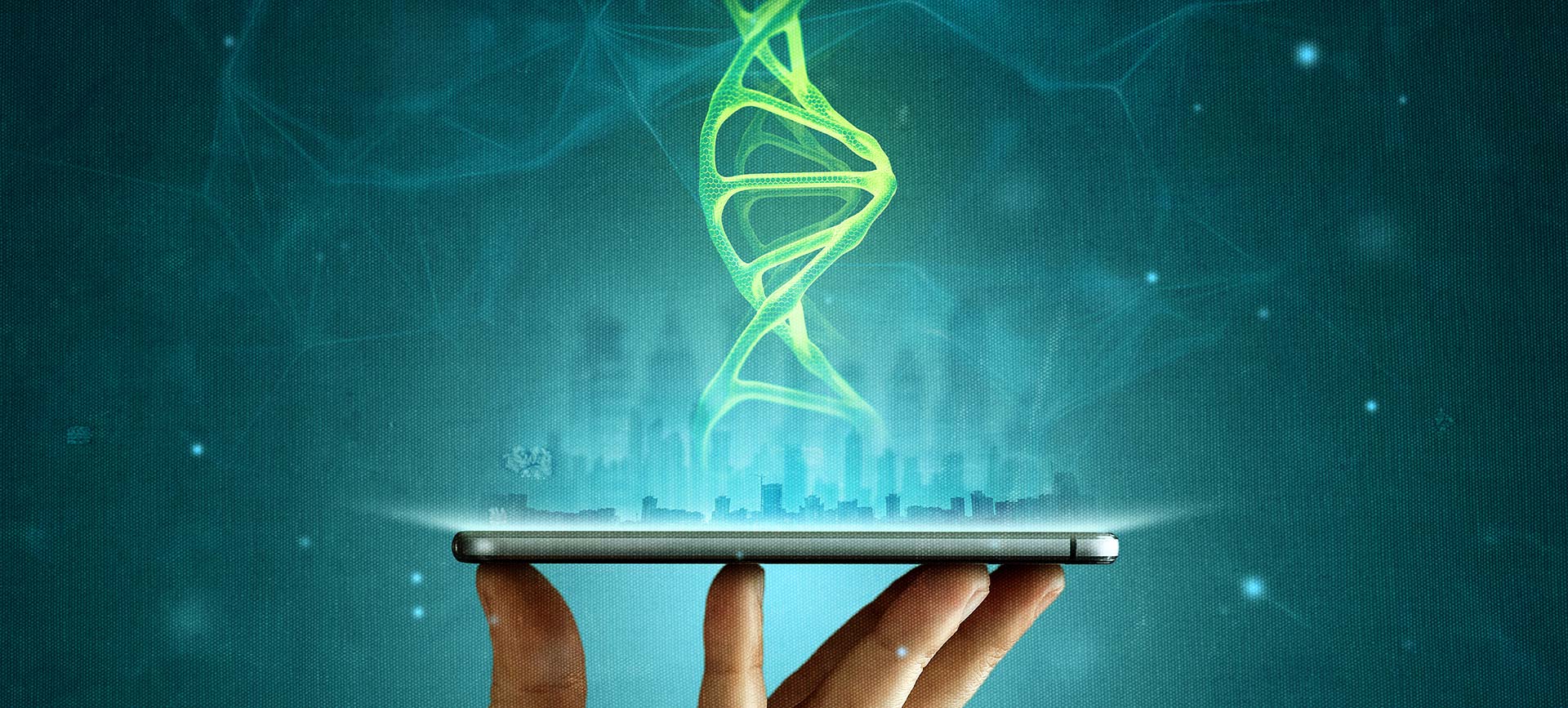A hand holds a smart phone with a glowing strand of DNA floating above.