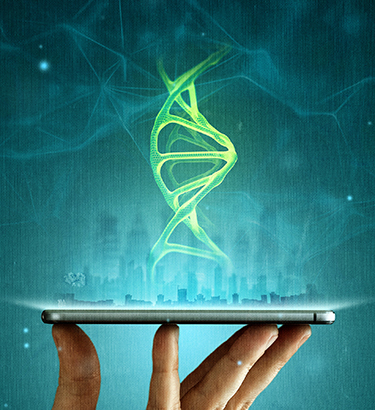 A hand holds a smart phone with a glowing strand of DNA floating above.
