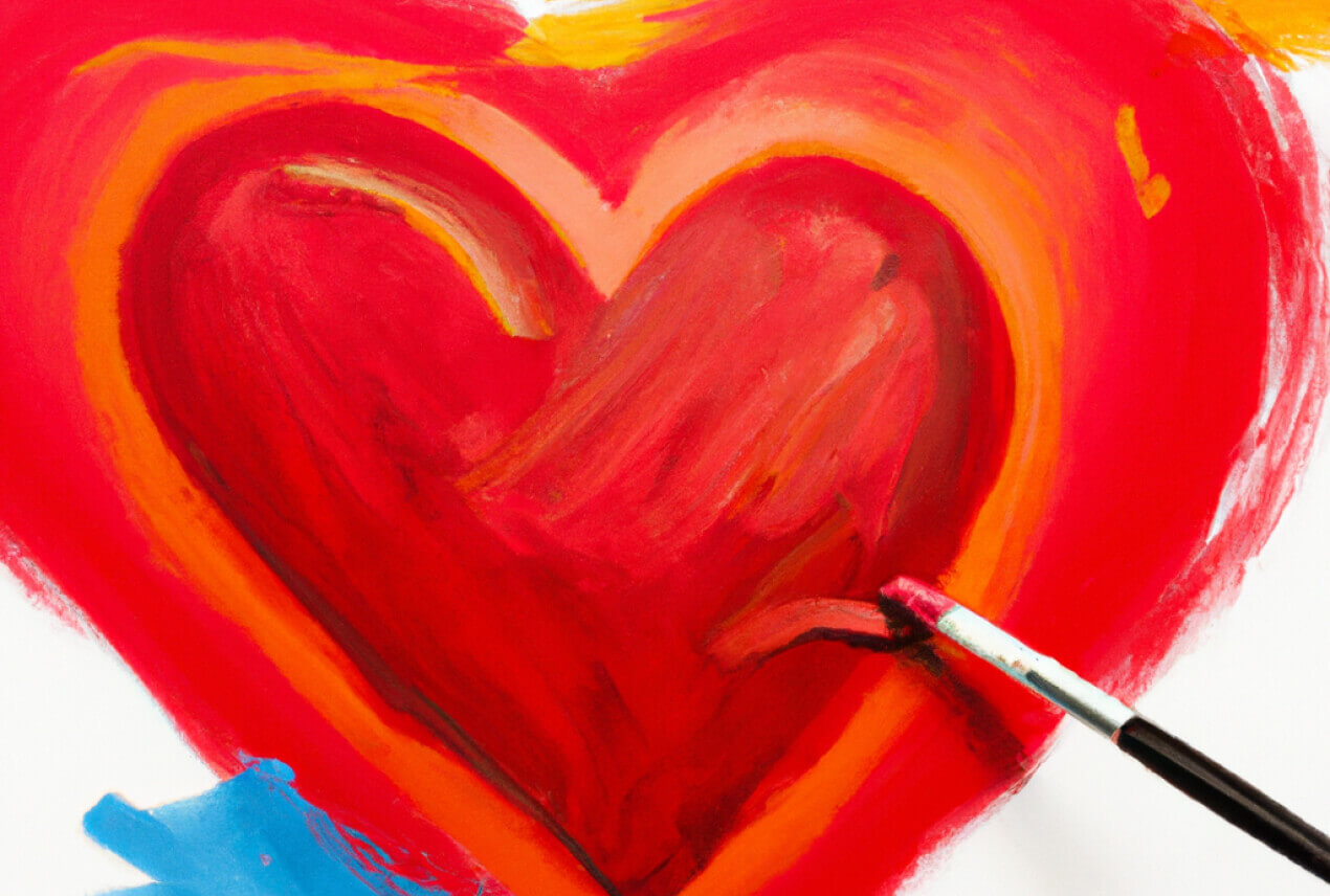 A paintbrush completes a painted, red heart on canvas.