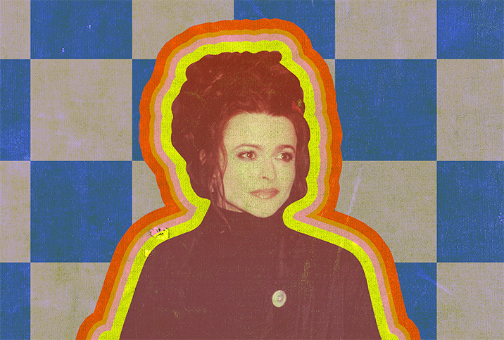 Multi-colored layers surround an image of Helena Bonham Carter with a blue and white checkered background.