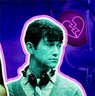 The main characters from 500 Days of Summer look away from one another with neon broken hearts floating by their heads.