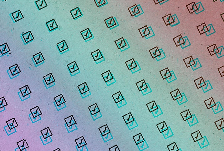 A pattern of checked boxes repeat on a rainbow-colored background.