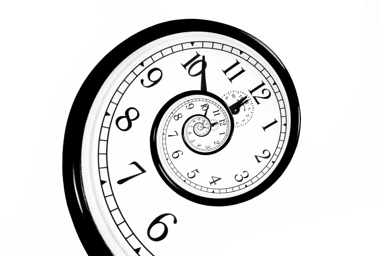 A clock unravels in a downward spiral as the numbers repeat.
