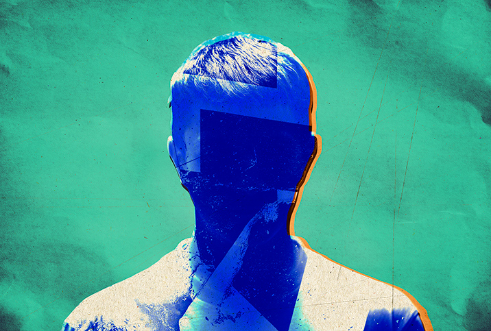 The outline of a man's head n a mint background is filled in with royal blue and.