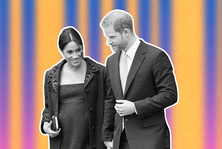 A black and white photo of Prince Harry and a pregnant Meghan Markle sits against a gold and bluish-purple striped background.