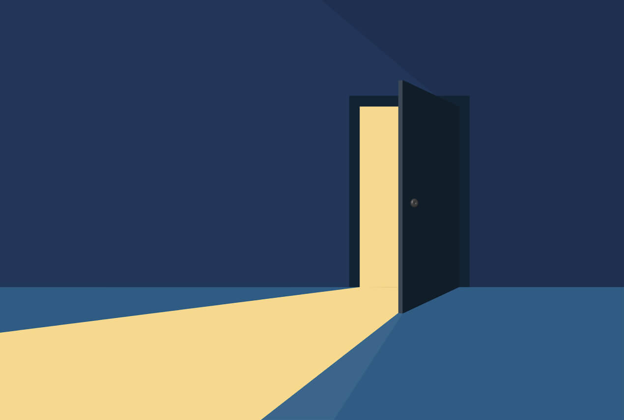 A door opens into a dark blue room with yellow line shining through it.
