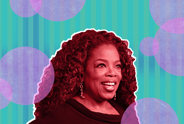 A red image of Oprah Winfrey smiling sits against a teal background with pink bubbles.