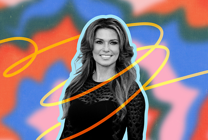 A black and white photo of Shania Twain is in front of a colorful background.
