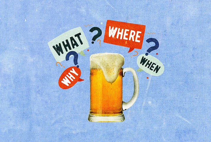 A glass beer stein overflows with foam and is surrounded by the words "who," "what," "where," "when," and two question marks. 