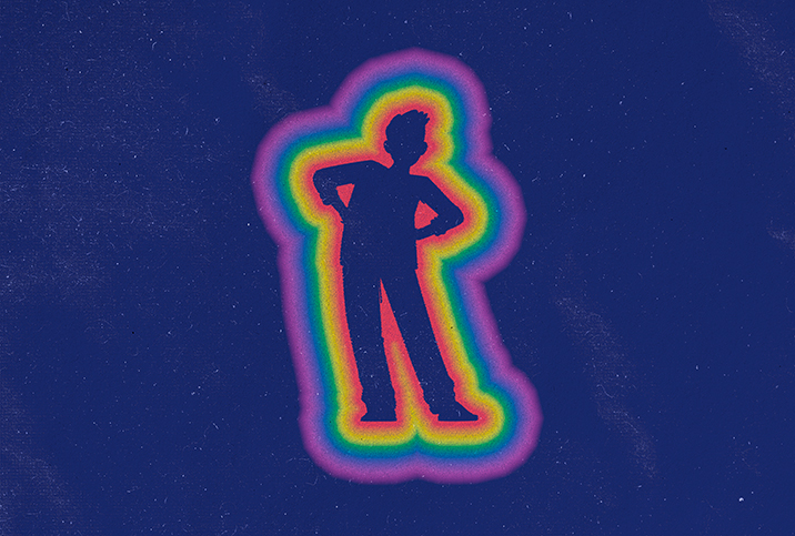 An kid with their hands on their hips is outlined by rainbow colors.