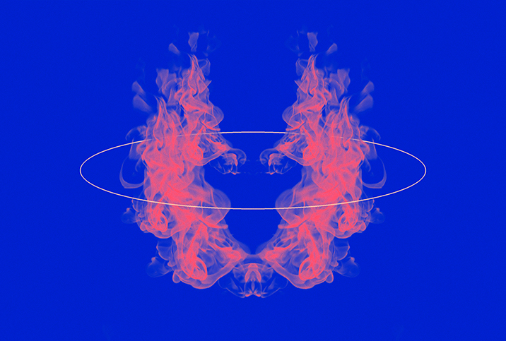 Two twin red flames mirror each other and surrounded by a thin white circle against a blue background.