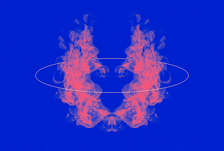 Two twin red flames mirror each other and surrounded by a thin white circle against a blue background.