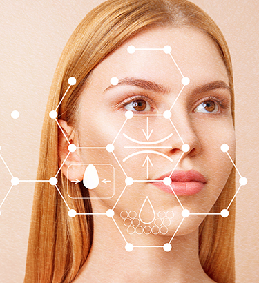 The face of a woman looks slightly to the right and interconnected hexagons dot the forefront.