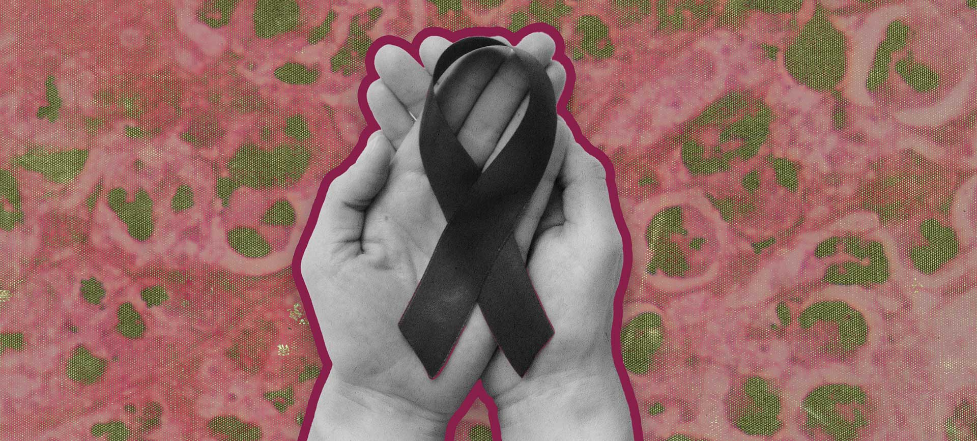 Two hands hold a black ribbon in their palms with a blotchy, pink background behind.