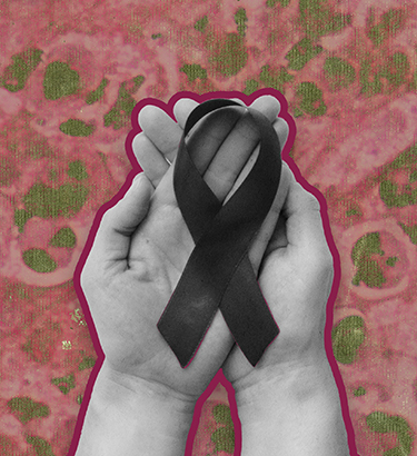 Two hands hold a black ribbon in their palms with a blotchy, pink background behind.