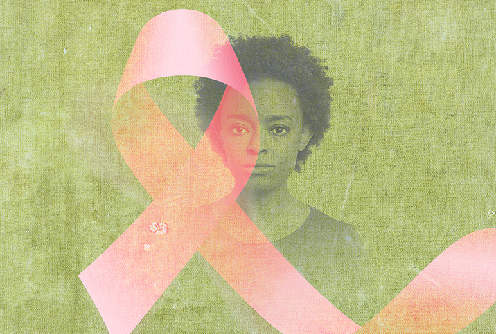 A pink breast cancer ribbon layers over an image of a black woman against a green background.