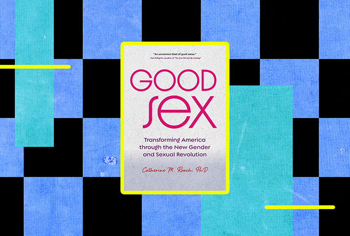 The book cover of Good Sex by Catherine Roach is on top of a blue and black checkered background.