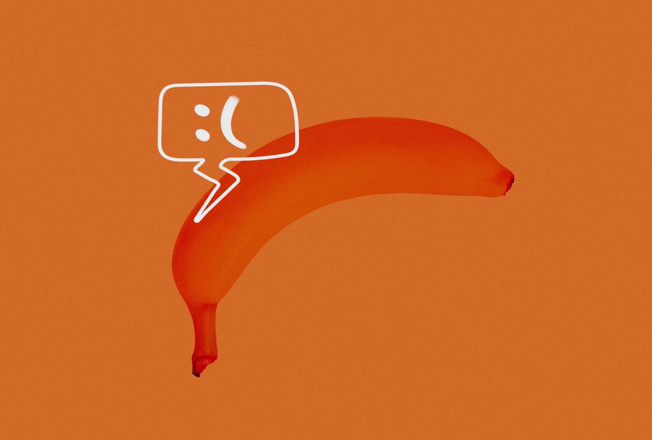 A banana curving downward with a frown faced chat bubble above it.