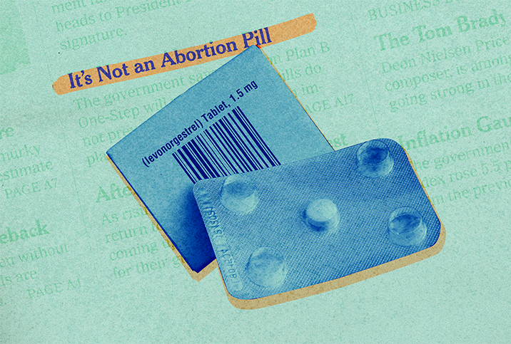 Both sides of plan B pill packet lay against a newspaper with a story about how its not an abortion pill.
