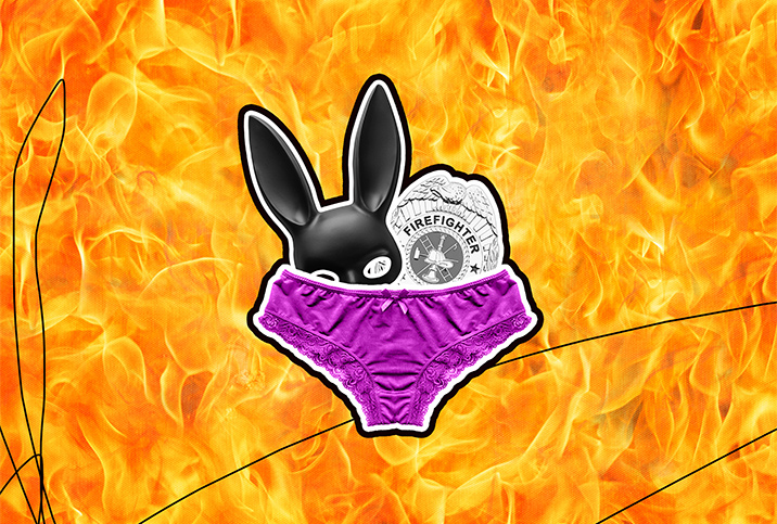 A black bunny mask and fireman badge poke out the top of purple underwear, and fire blazes in the background.