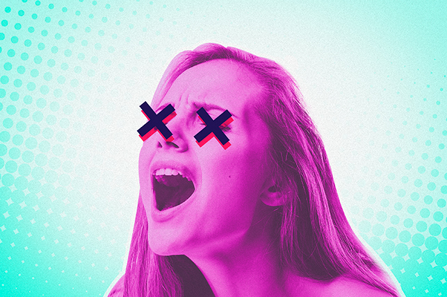 A pink woman screams out with a black X on each eye.