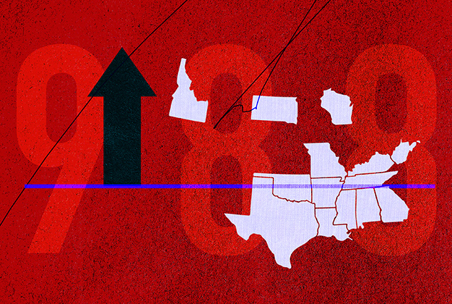 A black arrow points upward next to a map of anti-abortion states against a red 988 hotline background.