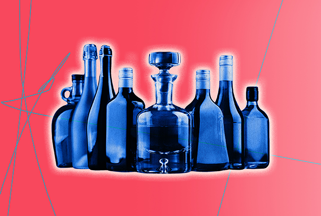 A cluster of blue-tinted alcohol bottles is in front of a pink background.