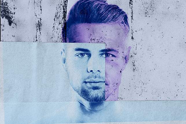 A light blue image of a younger face is layered over a light purple image of an older face.