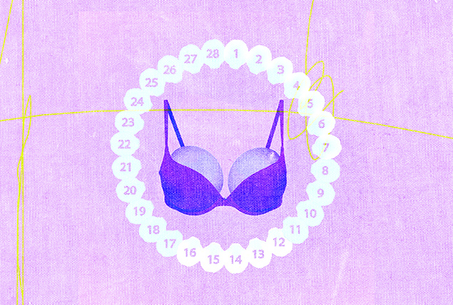 A purple bra with circles in the cups is surrounded by the numbers 1 through 28.