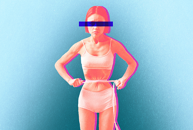 A woman in pink stands with a measuring tape tightening her waist.