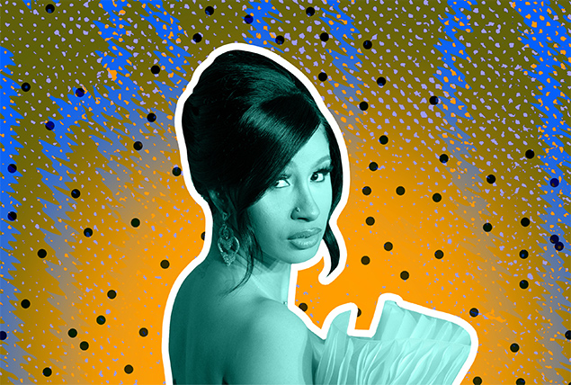 A green image of Cardi B looking over her shoulder is against a yellow and black polka-dotted background.