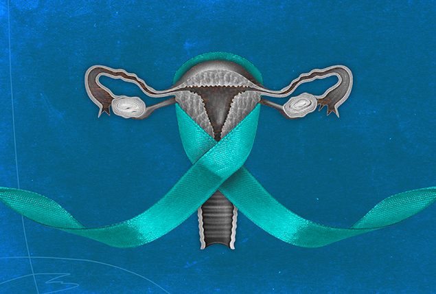 A grey cervix is wrapped in a teal ribbon against a blue background.