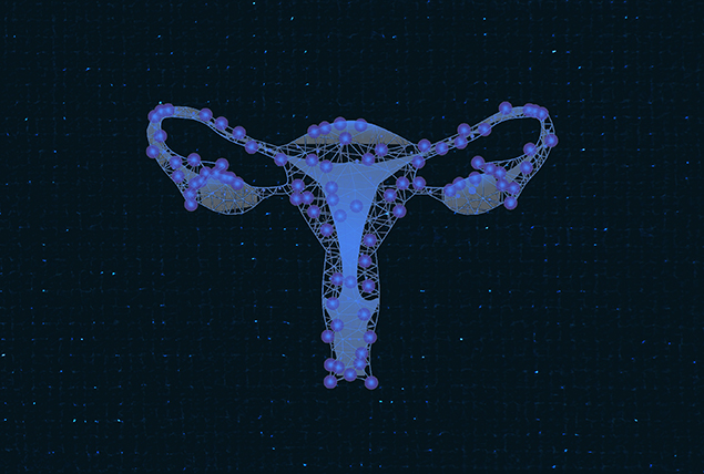 A female reproductive system has glowing, blue dots covering its surface.