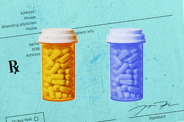 An orange pill bottle and a blue pill bottle are side-by-side against a prescription paper.