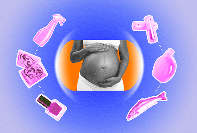 A pregnant person holds their stomach in the center of bubble with various household toxins surrounding it.