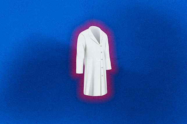 A white medical coat is glowing red against a blue background.
