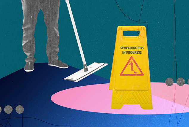 A janitor stands behind a wet floor sign that says Spreading STIs in Progress.