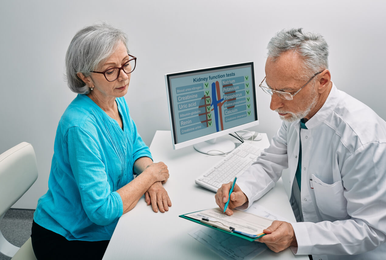 A doctor talks to a patient while pointing along a clipboard with his pen.