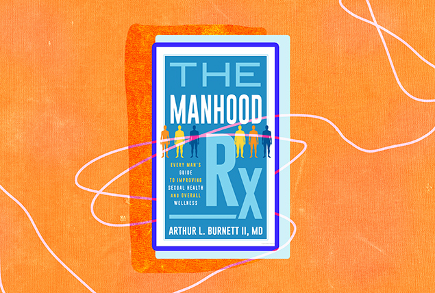 The book cover for Manhood RX sits on an orange background.